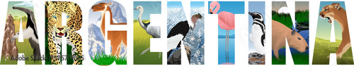 vector set of Argentina word with animals: anteater, jaguar, lama, greater rhea, Andean condor , Pink flamingo, Magellanic penguin, Capybara and puma