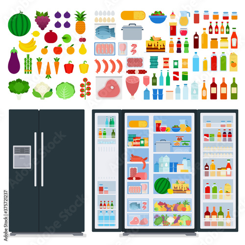 Illustration of a variety of foods and a black refrigerator vector flat icon isolated