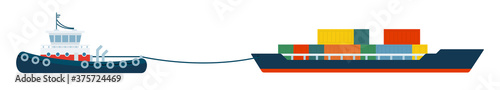 Illustration of a container loader pulling a tugboat vector flat icon isolated