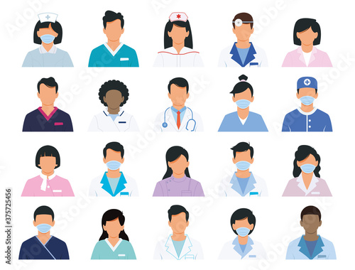 Doctor and Nurse icons set. Professional doctor avatars isolated on white background. Medicine professionals and medical staff people icons vector illustration