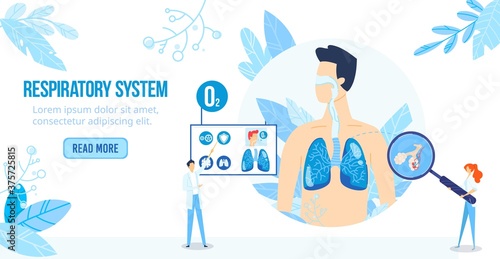 Human anatomy science research vector illustration. Cartoon flat scientific respiratory system infographic banner of medical anatomical lungs scheme, breathing process. Medicine healthcare background