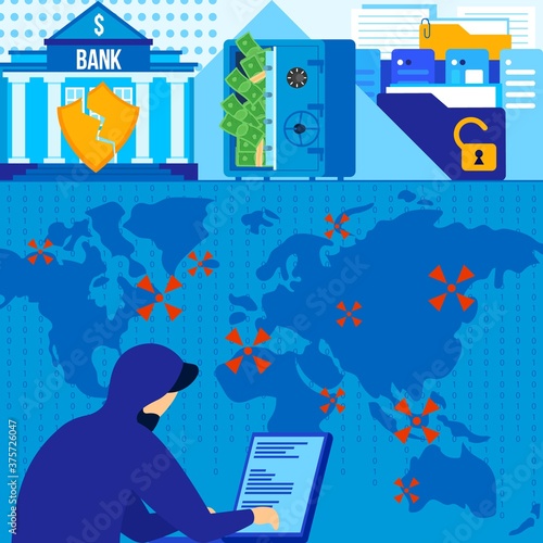 Bank hacking vector illustration. Cartoon flat internet hacker attack on banking data online system, breach of cyber protection, criminal theft of money by man thief character with laptop background