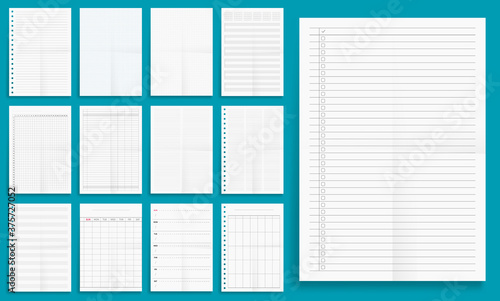 Set of crumpled Standart blank series A format paper A4 vector illustration. Collection mock up blank music, guitar, accounting, planner, checklist and other