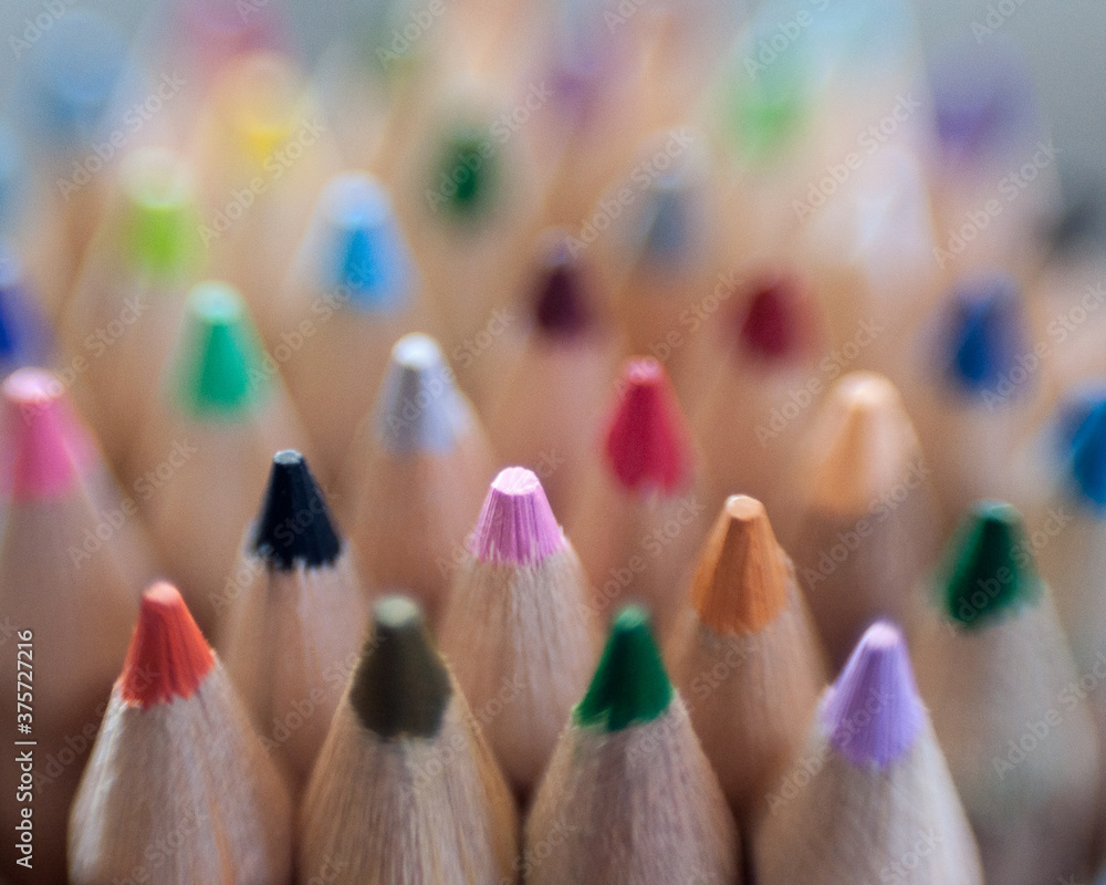 an army of colored pencils pointing upward, focus on pink an army of colored pencils pointing upward, focus on pink
