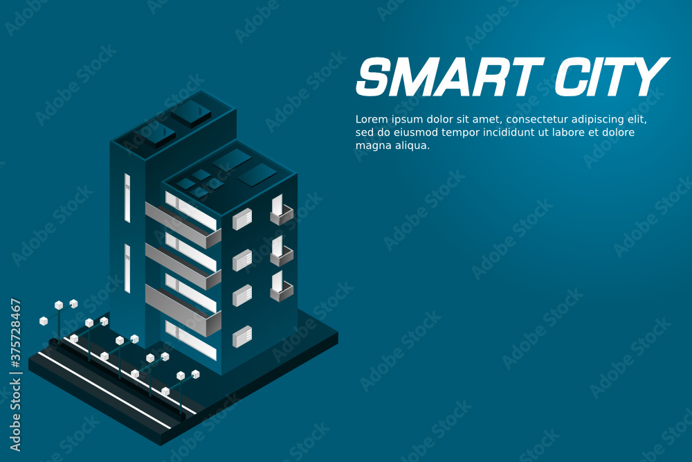 Smart city. Futuristic buildings on an abstract ultraviolet background. Modern vector illustration isometric style.