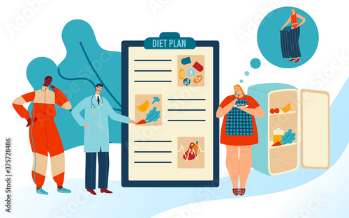 Diet plan vector illustration. Cartoon flat tiny people eating dieting, dietitian doctor character planning healthy food diet method for weight loss, health care lifestyle concept isolated on white