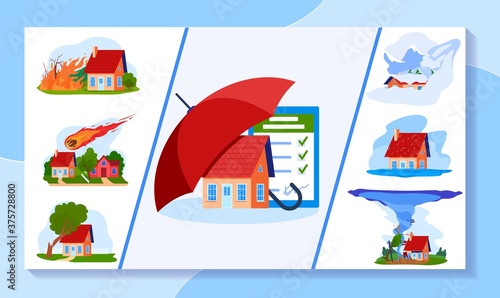 Insurance vector illustration. Cartoon flat umbrella protecting real estate household building against natural disaster damage, stormy weather. House accident protection insurance service background