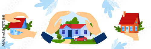Insurance property vector illustration. Cartoon flat businessman hands shield and protect family house real estate, holding residential household building, insurance business offer concept background