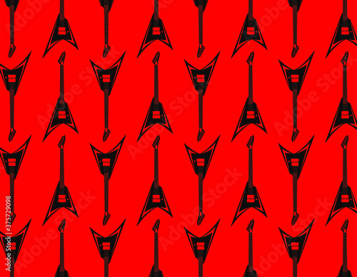 Electric Guitar V form repetition pattern over red background. Music, instruments and rock concept