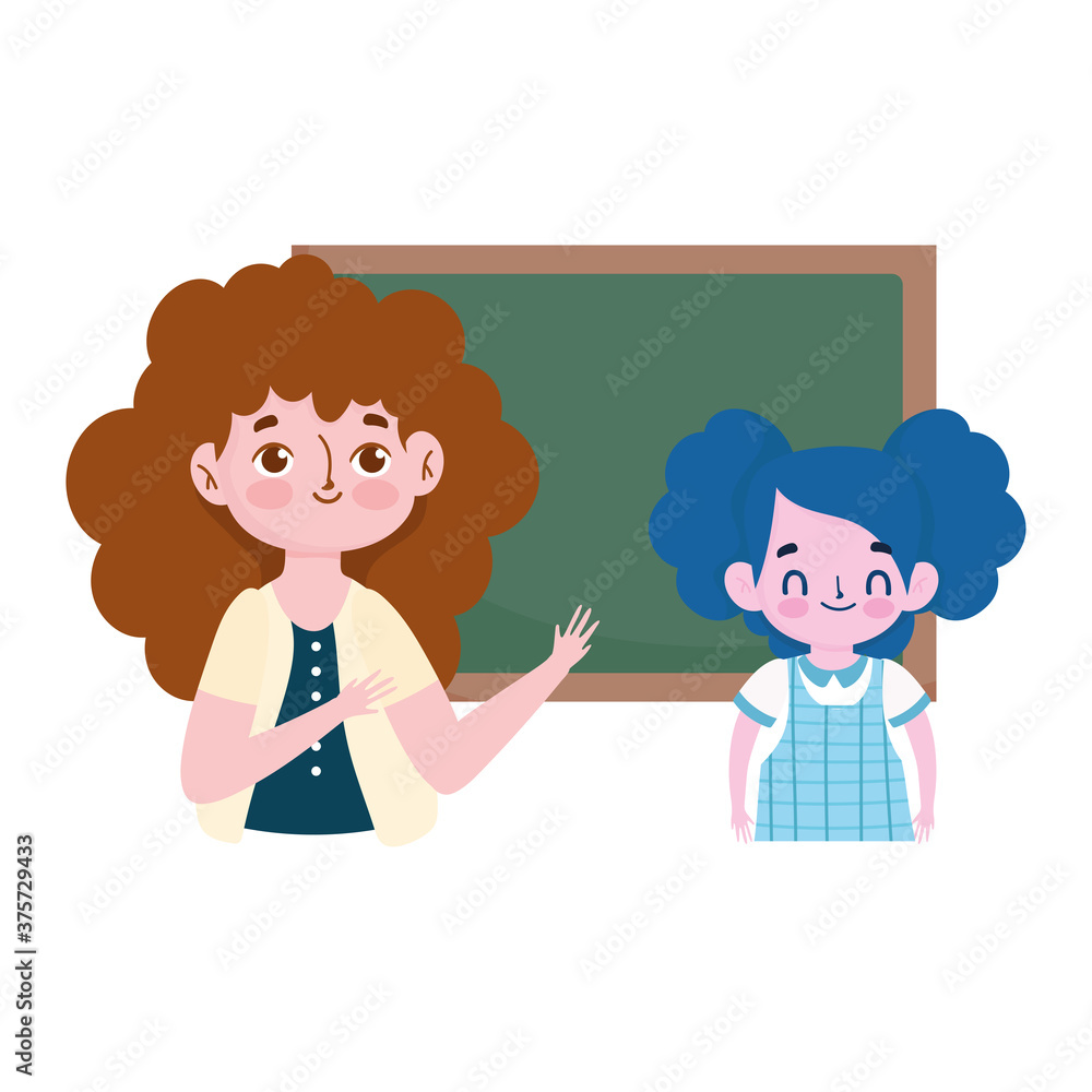 happy teachers day, cartoon teacher student girl and blackboard