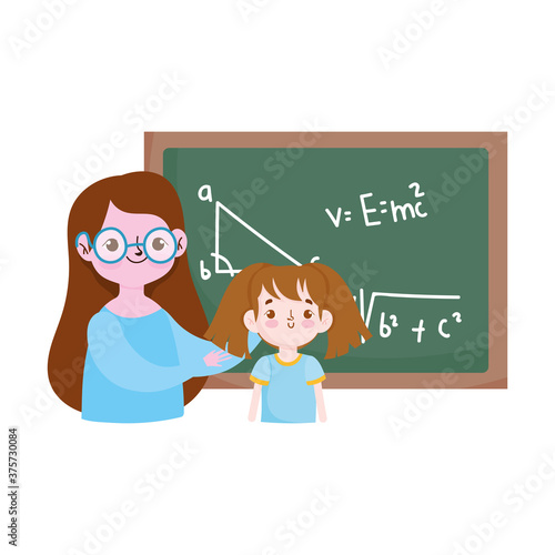 happy teachers day, teacher and student girl blackboard with lesson maths