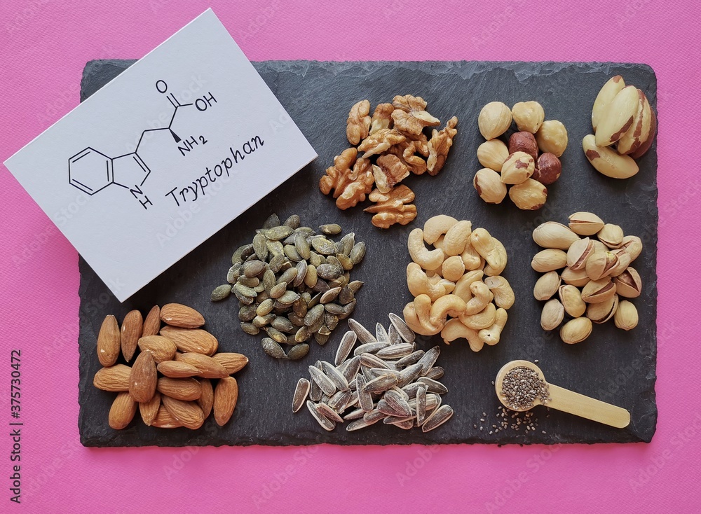 Structural chemical formula of tryptophan amino acid molecule with