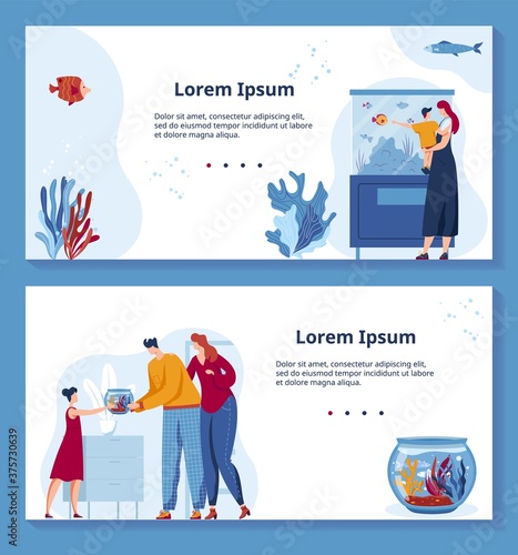Pet shop vector illustration set. Cartoon flat domestic animal store banners design with family buyer people buying cute fish marine pets, mother father giving child aquarium tank gift, retail petshop