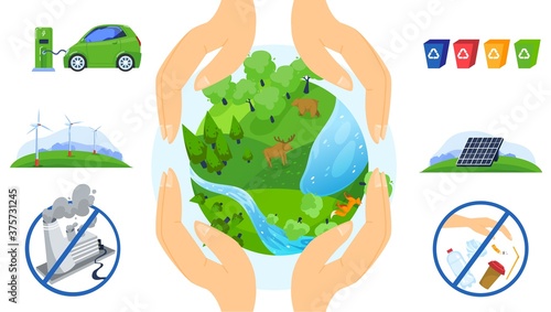 Save planet vector illustration. Cartoon flat human ecologist hands protect earth globe ecology, saving nature global environment, using green energy sustainable sources eco infographic background