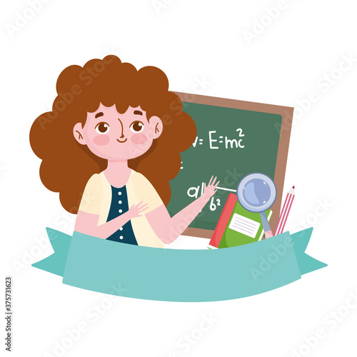 happy teachers day  teacher blackboard book and magnifier cartoon