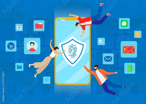 Mobile security vector illustration. Cartoon flat tiny people with smartphone and personal data secure symbol on phone screen, cyber internet safety for business or confidential information background