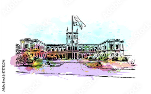 Building view with landmark of Asuncion is the capital city of Paraguay, bordered by the Paraguay River. Watercolor splash with hand drawn sketch illustration in vector.