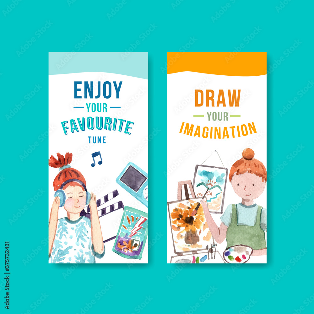 Fototapeta premium Flyer template with daily life design for brochure and marketing watercolor illustration