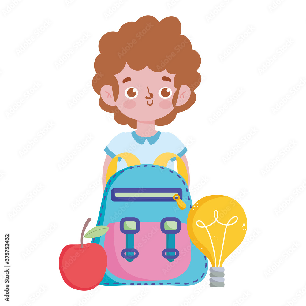 happy teachers day, student boy rucksack apple and bulb idea happy teachers day, student boy rucksack apple and bulb idea