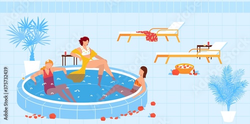 Spa resort vacation, swimming pool vector illustration. Cartoon flat woman characters in swimsuit have fun together, swim in spa water pool with flower petals, relax bikini party vacation background