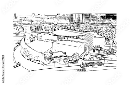 Building view with landmark of Atlanta is the capital of the U.S. state of Georgia. Hand drawn sketch illustration in vector.