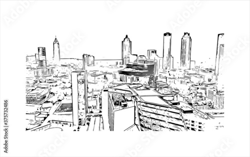 Building view with landmark of Atlanta is the capital of the U.S. state of Georgia. Hand drawn sketch illustration in vector.