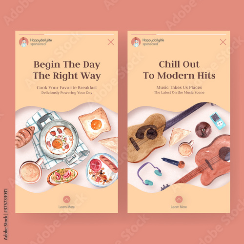 Instagram template with daily life design for advertise and marketing online watercolor illustration