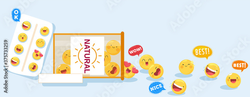 Cute vitamin capsules package vector illustration. Cartoon flat kawaii happy natural multivitamin pill characters doing funny cheerful smiling laughing faces in tablet packaging, pharmacy background