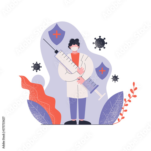 Man doctor holds large syringe with vaccine. Doctor prevents epidemic. Vaccination concept. Covid-19 virus. Flat vector illustration.