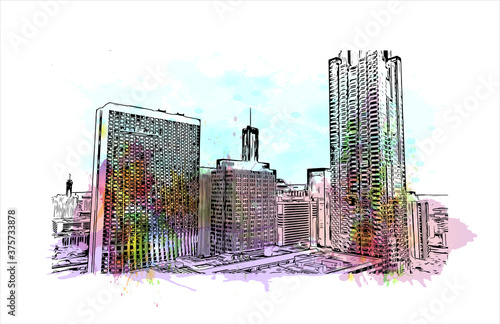 Building view with landmark of Atlanta is the capital of the U.S. state of Georgia. Watercolor splash with hand drawn sketch illustration in vector.