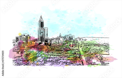 Building view with landmark of Atlanta is the capital of the U.S. state of Georgia. Watercolor splash with hand drawn sketch illustration in vector.