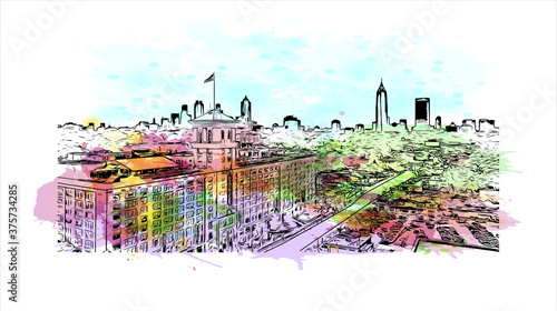 Building view with landmark of Atlanta is the capital of the U.S. state of Georgia. Watercolor splash with hand drawn sketch illustration in vector.
