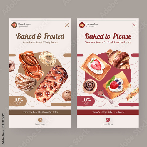 Instagram template with bakery design for online community and social marketing watercolor illustration