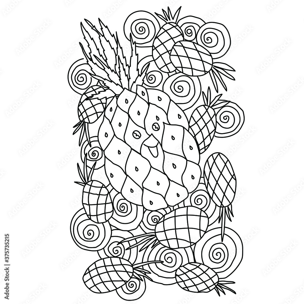 Cute smiling pineapple between spiral patterns and silhouettes of pineapples, tropical fruit coloring page Cute smiling pineapple between spiral patterns and silhouettes of pineapples, tropical fruit coloring page