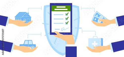 Insurance business vector illustration. Cartoon flat insurer businessman hand holding application claim form document, guarantee against accident with health and property, insurance service background