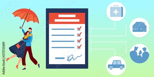 Insurance protect vector illustration. Cartoon flat tiny couple people hug, hold protecting umbrella, stand next to finance contract form document, financial protection of insurance service background