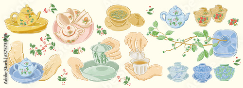 Vector illustration of Asian tea time with hands holding tea pose
