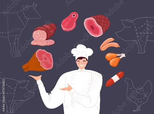 Chef cooks meat vector illustration. Cartoon happy butcher or chef character in uniform juggling with meat ingredient, pork leg, beef steak sausages and cooked chicken legs before cooking background