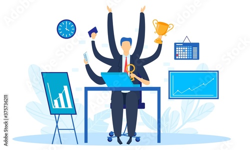 Business work multi task concept vector illustration. Cartoon businessman character with multitasking and multi skill sitting at office table, working and holding key, golden trophy isolated on white