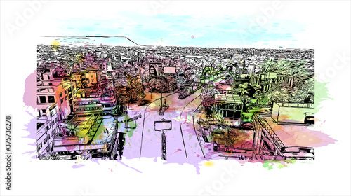 Building view with landmark of Aurangabad is a city in Maharashtra state, in India. Watercolor splash with hand drawn sketch illustration in vector.