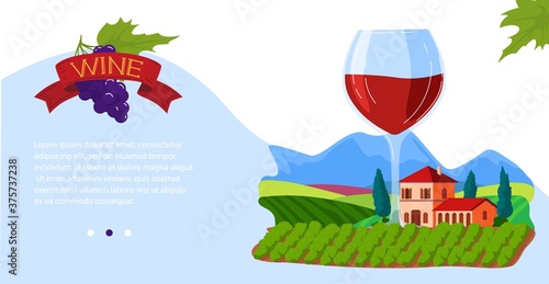 Wine glass vector illustration. Cartoon flat alcohol drink production concept with organic vineyard plantation natural landscape, farm winemaker houses and big wineglass of red wine product banner