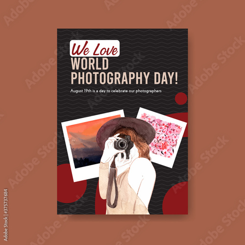 Poster template design with World photography day for brochure and leaflet watercolor illustration