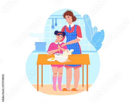 Daily family mom and daughter preparing lunch in kitchen, child adds ingredients, cartoon vector illustration, isolated on white. Happy woman and joyful little girl have fun together at home, cooking.