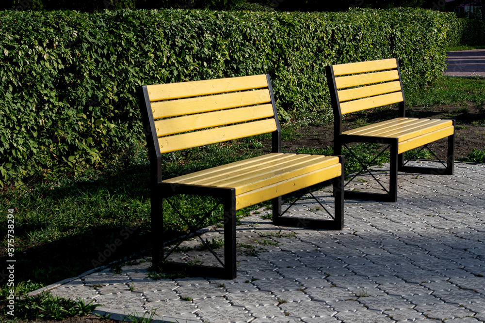 Wooden yellow benches in a city park in summer. Wooden yellow benches in a city park in summer.