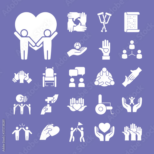 icon set of inclusion and hearts, silhouette style