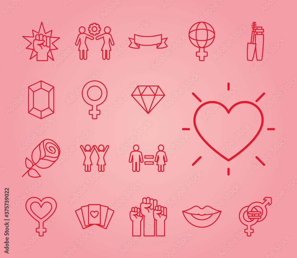 icon set of feminism and heart, line style icon set of feminism and heart, line style
