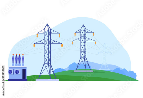 Factory power, electricity transmission, high voltage, danger to life, design cartoon style vector illustration, isolated on white. Clean environment, transformer station, high-voltage towers.
