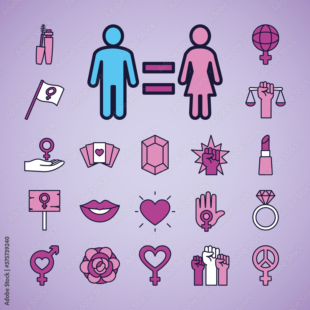 icon set of feminism and equiality, line and fill style icon set of feminism and equiality, line and fill style