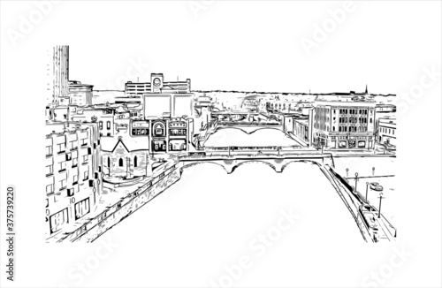 Building view with landmark of Aurora is a city in DuPage, Kane, Kendall, and Will counties in the U.S. Hand drawn sketch illustration in vector.