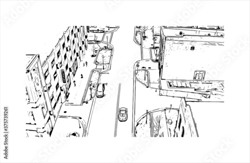 Building view with landmark of Aurora is a city in DuPage, Kane, Kendall, and Will counties in the U.S. Hand drawn sketch illustration in vector.
